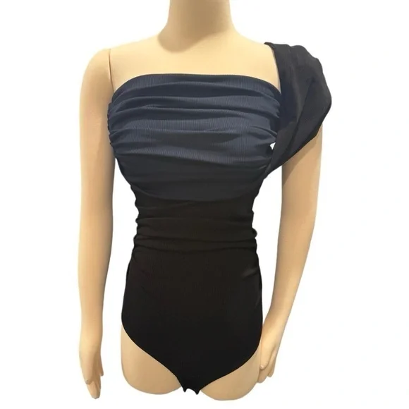 Goldsign Gelsey One-Shoulder Off the Shoulder 2-tone Ribbed Bodysuit Small NEW